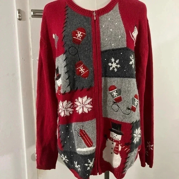 croft & barrow Sweaters - Vintage Ugly Christmas Sweater Red Women’s XL Zip Up With Snowmen cotton blend
